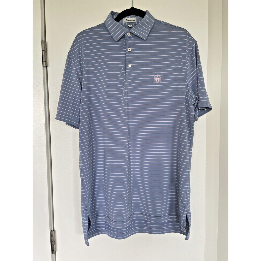 Peter Millar Men’s Medium Light Blue And Pink Stripe SS Golf Polo Shirt